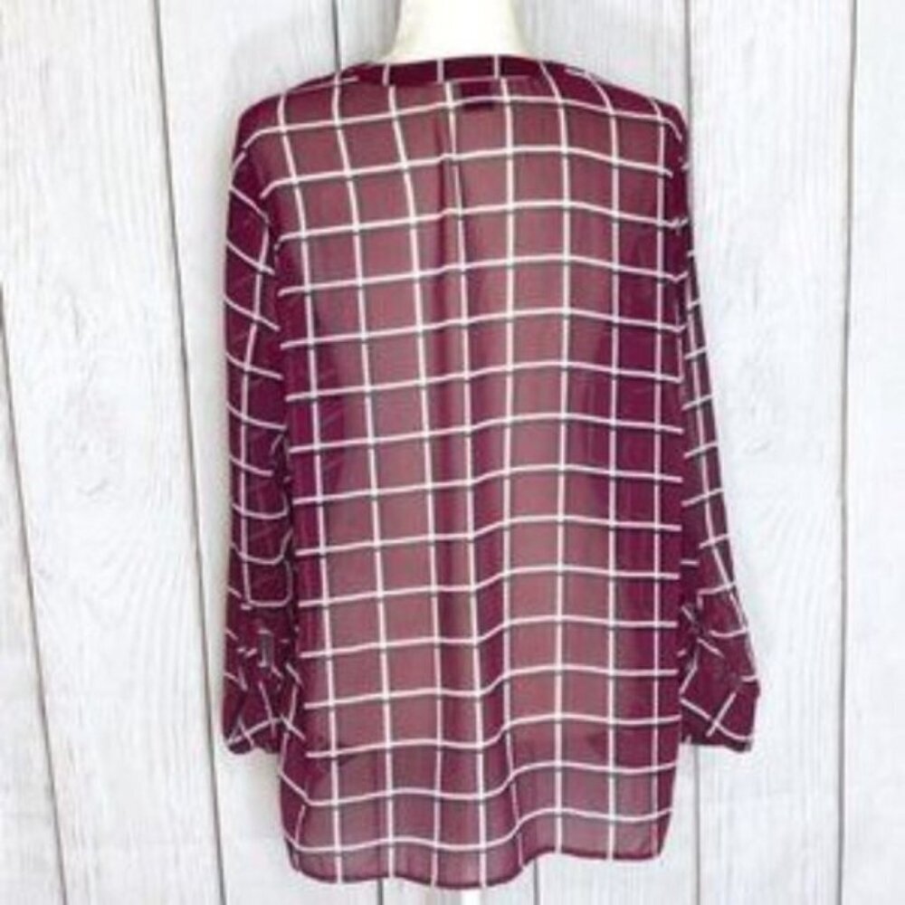 Ann Taylor Factory Sheer Plaid Wine Button Down Blouse - Picture 3 of 3